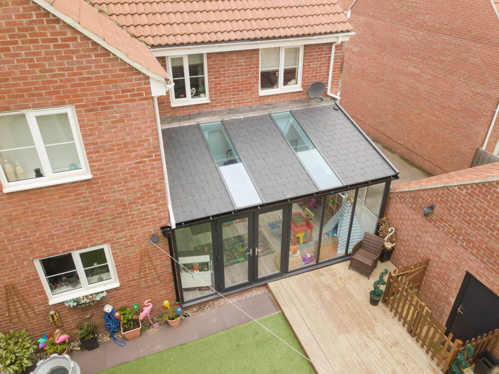 UltraRoof exterior Carbon Grey with glazing panels