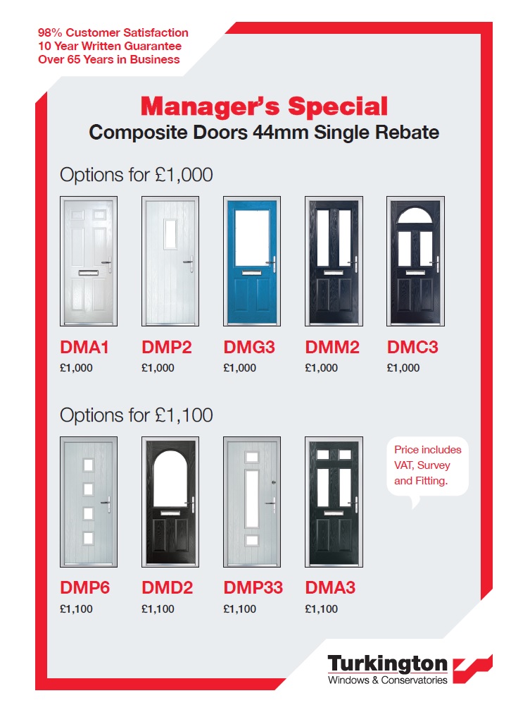 Managers special offers on front doors.