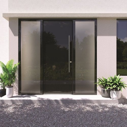 Solid black door with two glass side panels.